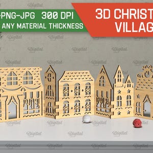 May include: A 3D Christmas village made of wood, with five buildings and a tree. The buildings are all different shapes and sizes, and they have windows and doors. The tree is decorated with lights and ornaments. The village is perfect for adding a festive touch to your home decor.