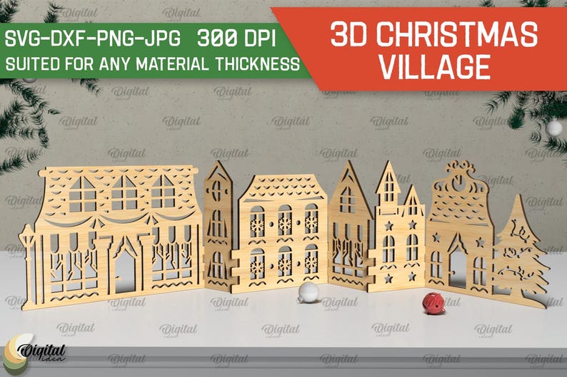 May include: A 3D Christmas village made of wood, with five buildings and a tree. The buildings are all different shapes and sizes, and they have windows and doors. The tree is decorated with lights and ornaments. The village is perfect for adding a festive touch to your home decor.