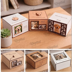 May include: Wooden pet memorial boxes in various designs, each featuring a photo frame and decorative elements. The boxes are available in 10 different designs and are a digital download.
