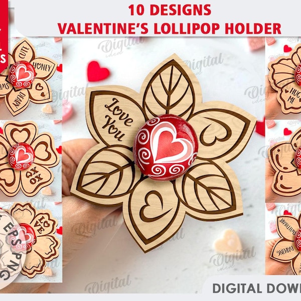 Paquete de porta paletas para el día de San Valentín, porta chupetes con flores para San Valentín cortado con láser, citas del día de San Valentín en formato svg, aula floral para San Valentín