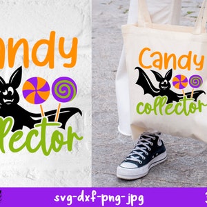 Op de afbeelding: Een zwarte vleermuis met oranje en paarse snoepsukkels die boven de tekst "Candy collector" vliegt.