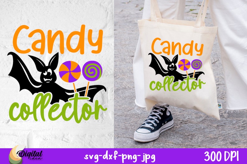 Op de afbeelding: Een zwarte vleermuis met oranje en paarse snoepsukkels die boven de tekst "Candy collector" vliegt.