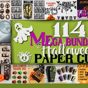 Mega Bundle SVG con taglio di carta di Halloween, taglio di carta 3D e a strati, lanterne di carta 3D di Halloween, scatole di Halloween, banner, decorazioni spettrali