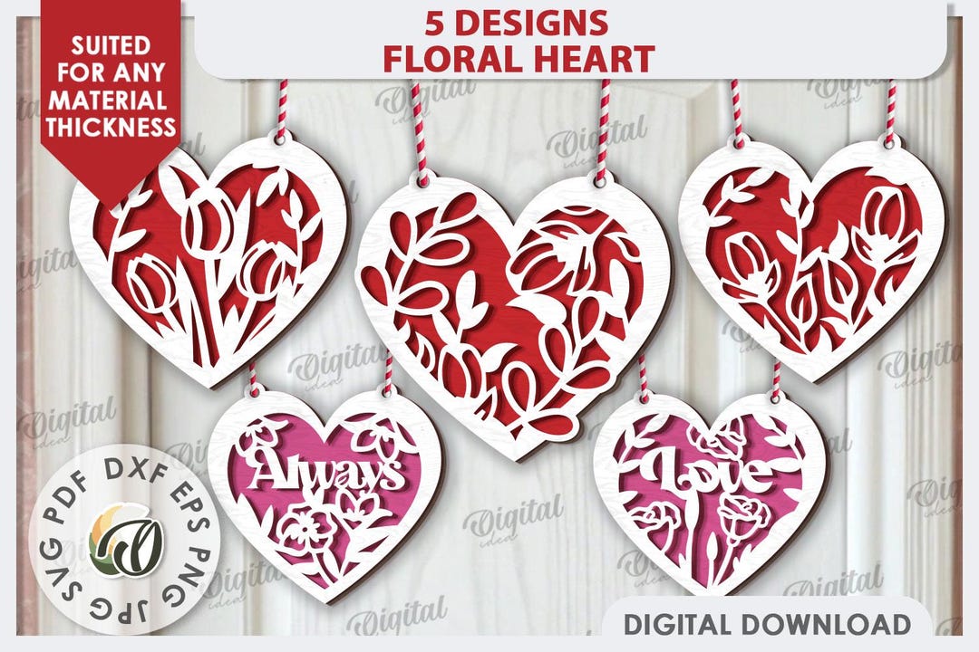 3D Floral Heart Ornaments Bundle, Valentines Heart Wall Hanger Laser ...