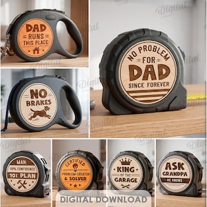 May include: A collection of ten retractable dog leashes with various engraved designs. The leashes feature phrases like "Walk Mode On," "Dad Runs This Place," and "No Problem for Dad." The leashes are black with wooden accents.