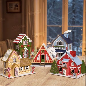 Pacchetto di case di Natale 3D, bancarelle di Natale tagliate al laser, decorazioni natalizie in legno in formato svg, mensola, modello di casa di Natale 3D, rustico