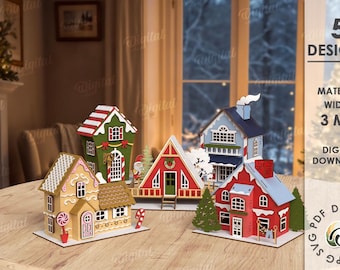 3D Christmas houses bundle, Christmas stands laser cut, wooden Xmas village decor svg, shelf sitter, 3D Xmas house model, rustic