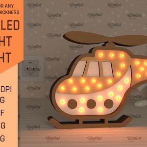 Kids wooden led night helicopter lamp, 3D night light lamp laser cut, baby led light box, childrens svg, baby nursery decor