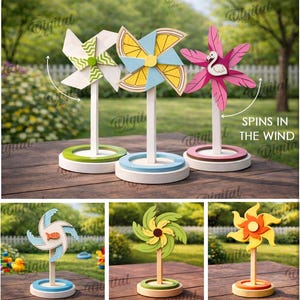 Puede incluir: Una colección de molinillos de viento coloridos con varios diseños, incluyendo una flor y un flamenco. Los molinillos son de madera y tienen un ancho de material de 3 mm. La imagen incluye el texto "10 Designs" y "Spins in the Wind".