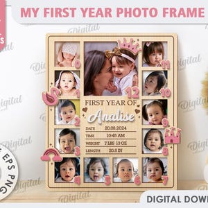 May include: A wooden photo frame with a pink and white princess theme. It has 12 spaces for photos and a section for the baby's name, date, time, weight, and length. The frame is decorated with a pink crown, a pink swan, a pink rainbow, and a pink castle.