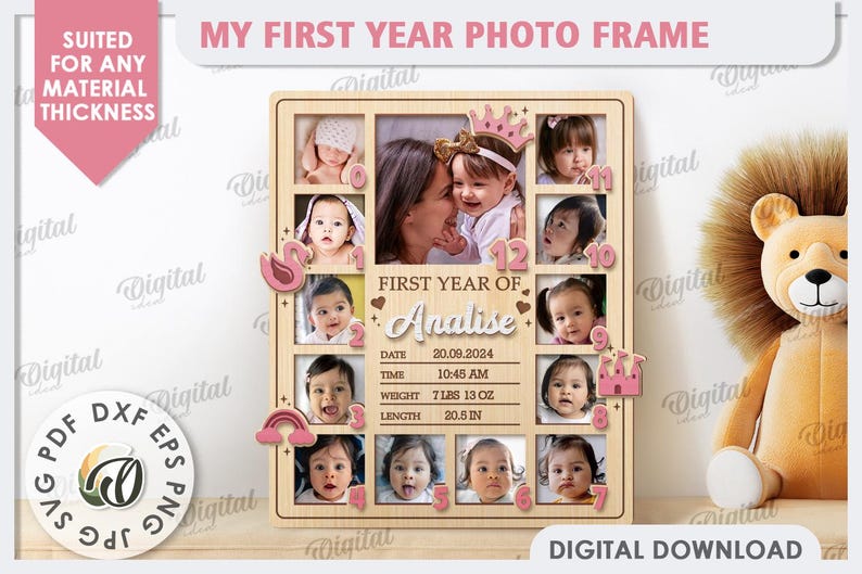 May include: A wooden photo frame with a pink and white princess theme. It has 12 spaces for photos and a section for the baby's name, date, time, weight, and length. The frame is decorated with a pink crown, a pink swan, a pink rainbow, and a pink castle.