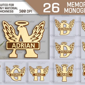 Paquete de alfabeto de monograma conmemorativo, corte láser 3D, monograma de alas de ángel, nombres personalizados svg, monograma dividido personalizado, letras de la a a la z svg