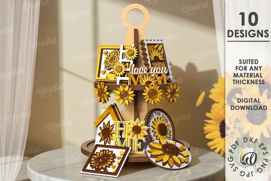3D Sunflower Tier Tray Decor Bundle, Kitchen Sign Laser Cut, Summer ...