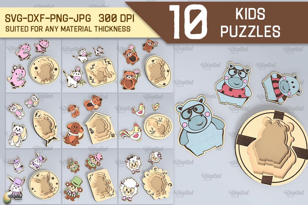 3D Kids Puzzles Bundle, Animal Family Puzzle Laser Cut, Wooden Counting ...