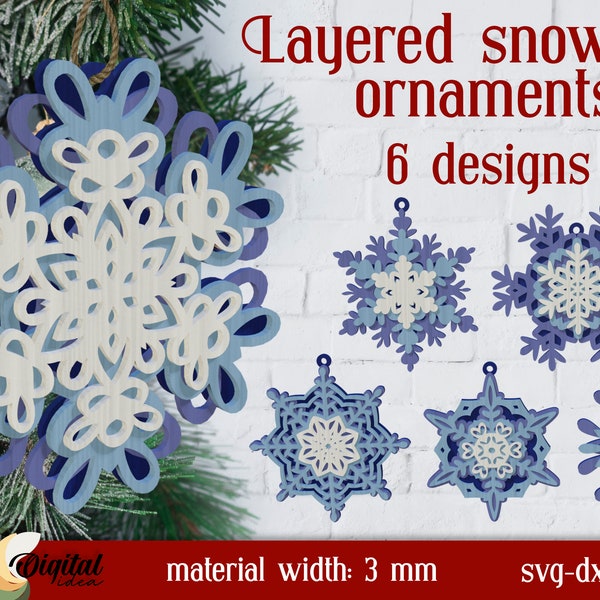 Layered Christmas snowflake bundle, Snowflake ornament SVG, 3D Christmas laser cut files, Xmas tree decoration, Layered snowflake svg