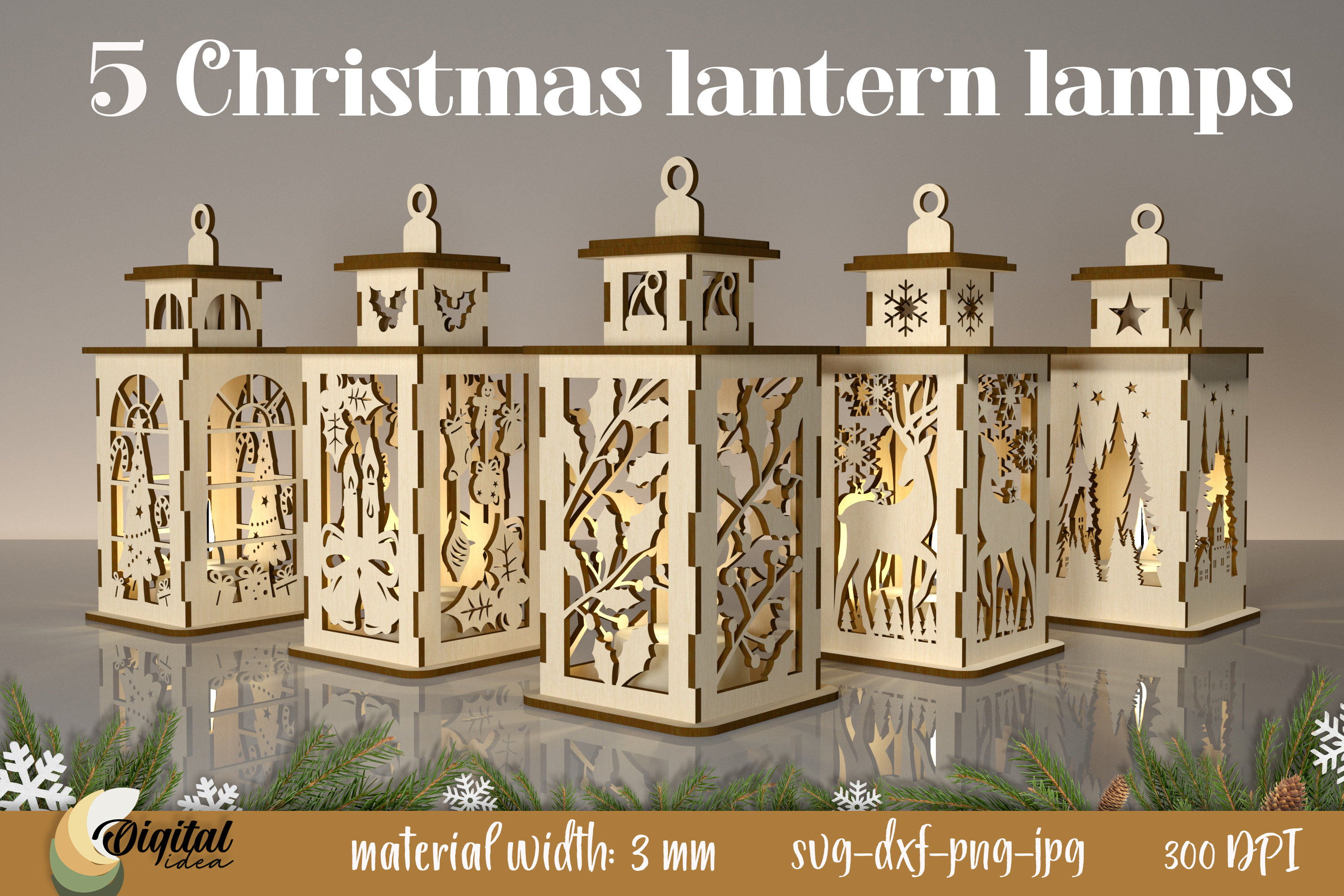 Christmas Lanterns Laser Cut Bundle, Candle Holder 3D Lasercut