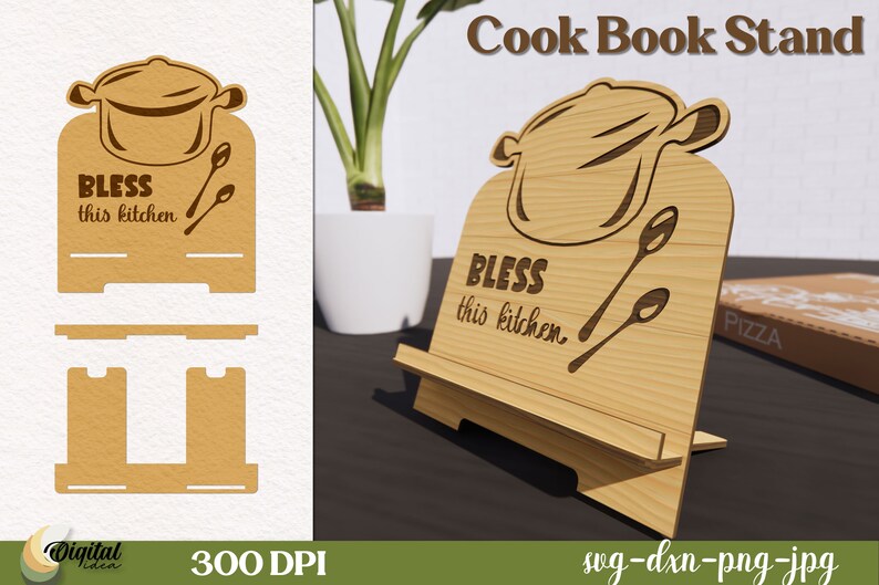 May include: A wooden cookbook stand with a cutout design of a pot and spoons. The stand has the text "Bless this kitchen" on it.