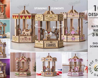 3D Spinning carousels bundle, merry go round laser cut, Christmas carousel model, shelf sitter svg, kids, 4th of july, Halloween, Easter