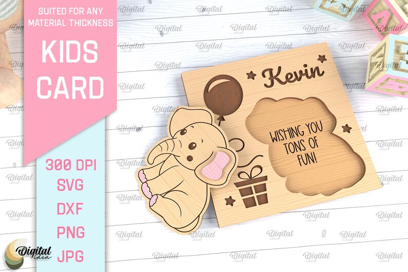 May include: A wooden card with a cut-out elephant design, a balloon, and a gift box. The card is personalized with the name "Kevin" and the message "Wishing you tons of fun!"