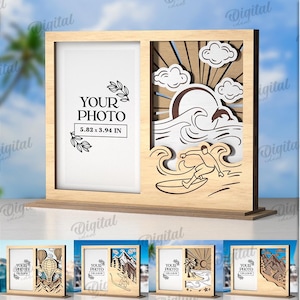 May include: Wooden photo frame with two sections. One section has space for a 5.82 x 3.94 inch photo, the other features a laser-cut design of a surfer on a wave, sun, and clouds. The frame is part of a set of 10 designs.