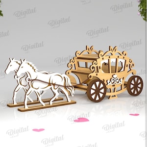 Powóz 3D z końmi, dekoracyjny wóz konny wycinany laserowo, drewniany wózek na półkę, ruchomy zabytkowy powóz księżniczki, dzieci glowforge