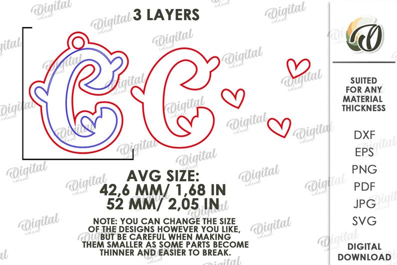 May include: A digital design featuring three layers of the letter "C" with a heart detail, and three small hearts. The average size is 1.68 inches and 2.05 inches. The design is suitable for any material thickness.