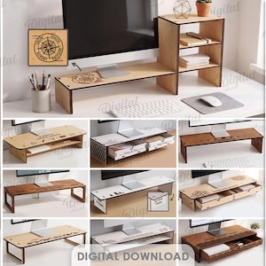 Monitor Stand SVG Bundle, Laser Cut Desk Organizer, Computer Riser Shelf, Wooden Office Storage DXF, Glowforge Files, home decor
