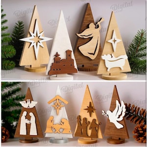 Può includere: Ornamenti per albero di Natale in legno con vari disegni, tra cui angeli e stelle. Gli ornamenti tagliati al laser hanno uno spessore di 3 mm. L'immagine include anche il testo "10 DISEGNI" e "DOWNLOAD DIGITALE".