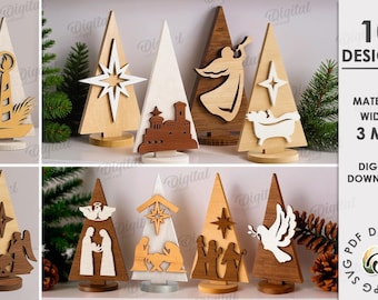 May include: Wooden Christmas tree ornaments in various designs, including angels, stars, and nativity scenes. The ornaments are laser cut and have a material width of 3 mm. The image also includes the text "10 DESIGNS" and "DIGITAL DOWNLOAD".