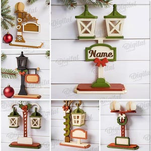 以下が含まれることがあります： 街灯、看板、装飾要素など、10種類の木製クリスマスデザインのコレクション。デザインはさまざまな形とスタイルで、「Name」という単語が1つの看板に表示されています。材料幅：3mm。デジタルダウンロード。