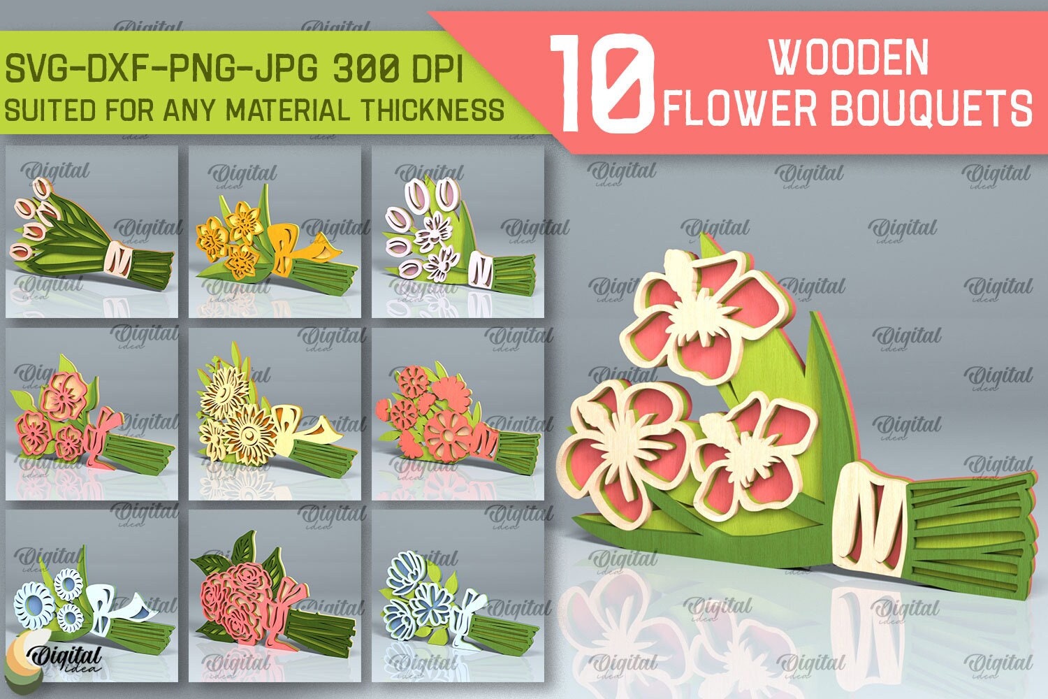 3D Wooden flower bouquet stands bundle, layered flowers laser cut, Mother's day svg, wooden spring home decor, floral decor svg, flowers