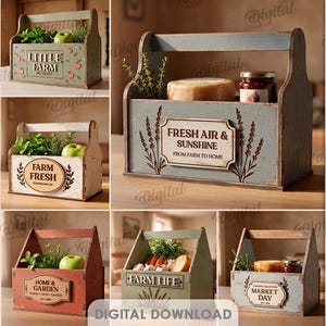 Puede incluir: Una colección de diez diseños de cajas de madera con asas, que presentan varias etiquetas como Fresh Air & Sunshine, Farm Fresh y Farm Life. Las estructuras de madera tienen un grosor de material de 6 mm y están disponibles en formatos DXF, EPS, PNG, PDF, JPG y SVG.