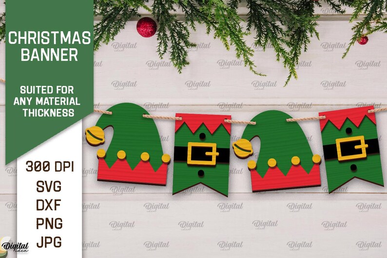 May include: A Christmas banner with five green elf hats with red and yellow accents. The banner is strung with twine and is ready to be hung.
