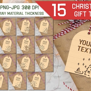 May include: Fifteen Christmas gift tags with a wood grain texture. Each tag has a different Christmas design and the text "Your Text" in the center. The tags are arranged in a grid on a brown background.