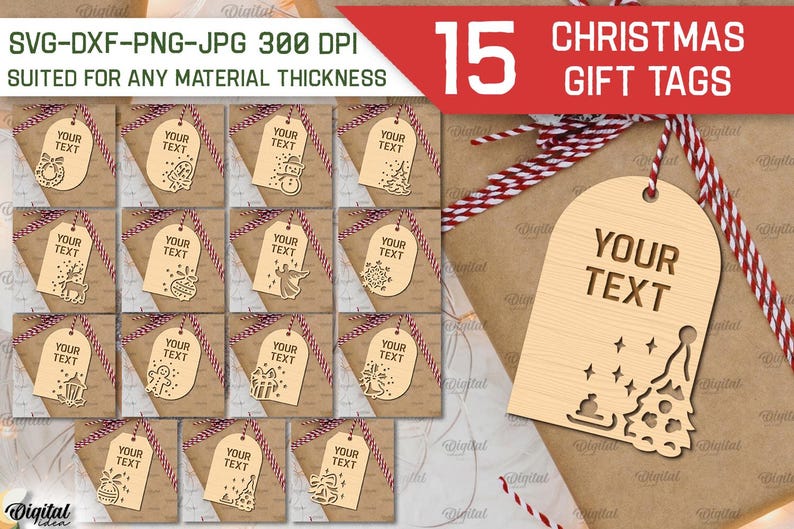 May include: Fifteen Christmas gift tags with a wood grain texture. Each tag has a different Christmas design and the text "Your Text" in the center. The tags are arranged in a grid on a brown background.