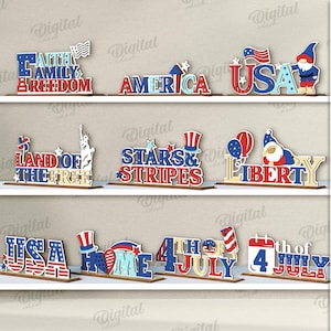3D 4th of July word stands bundle, layered Independence day decor laser cut, USA stand, Fourth of July quotes svg, wooden shelf sitter