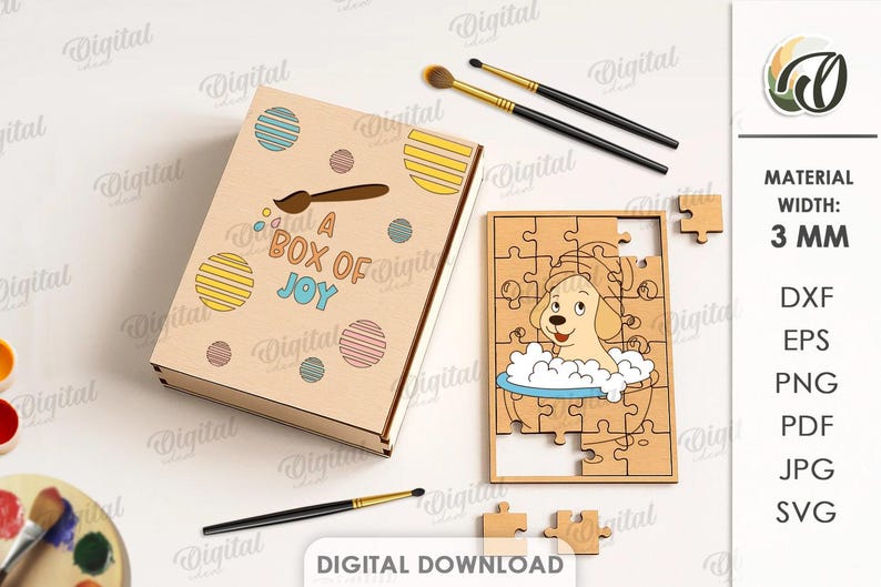 May include: A wooden puzzle and box set with the text "A Box of Joy". The box is decorated with colourful circles and a paintbrush. The puzzle features a cartoon dog in a bathtub. Includes paintbrushes.
