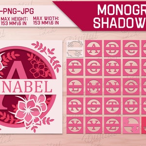 Shadow box split monogram alphabet bundle, Floral shadow box paper cut, 3D papercut, 26 letters, personalized shadow box, custom layered svg