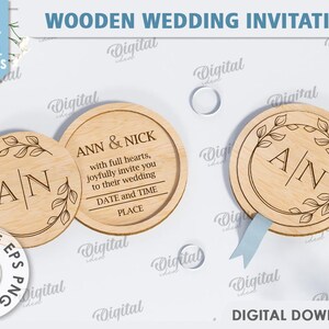 May include: Two wooden wedding invitation signs with a floral design and the initials "A/N" and the text "Ann & Nick with full hearts, joyfully invite you to their wedding, Date and Time, Place".