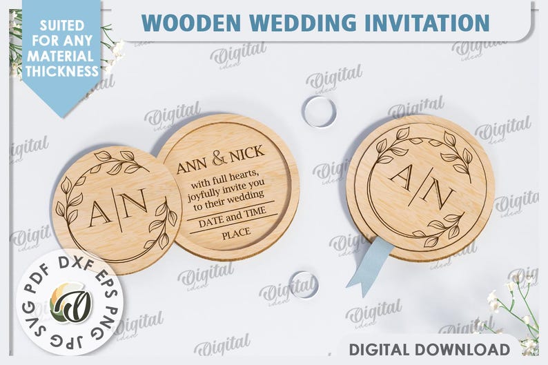 May include: Two wooden wedding invitation signs with a floral design and the initials "A/N" and the text "Ann & Nick with full hearts, joyfully invite you to their wedding, Date and Time, Place".