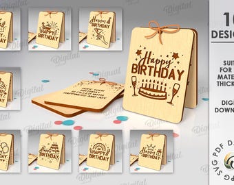 Lot de cartes en bois 3D joyeux anniversaire, carte de voeux découpée au laser, cadeau carte d'anniversaire, carte en bois svg, citations joyeux anniversaire, carte debout svg