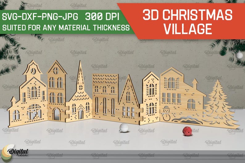 May include: A 3D Christmas village made of wood with a church, houses, and a snowman. The village is designed to be cut out and assembled. The image includes the text "SVG-DXF-PNG-JPG 300 DPI SUITED FOR ANY MATERIAL THICKNESS 3D CHRISTMAS VILLAGE".