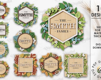 3D Floral wreath family name signs bundle, personalized wreath sign laser cut, autumn svg, wooden wall art svg, fall, summer,  home decor