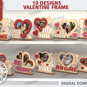 3D Valentine's Day frames bundle, Valentine couple picture frame laser cut, wooden heart photo frame svg, lovers frame, Valentines quotes