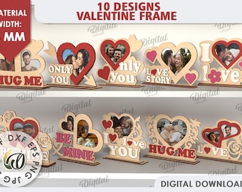 May include: Ten Valentine's Day frame designs featuring hearts, flowers, and romantic phrases. Each frame is made of wood and measures 3 mm in width. The designs include "Hug Me", "Only You", "Love Story", "I Love You", "Be Mine", and "Hug Me".