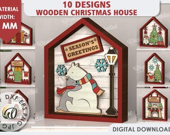 3D Christmas houses bundle, Xmas scene stands laser cut, cute wooden decor svg, shelf sitter, Christmas quotes svg, xmas village svg