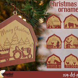 3D layered Christmas Barn ornament SVG bundle, Set of farmhouse baubles, Barn Christmas hanging decor, Farmhouse lasercut, Engraved ornament