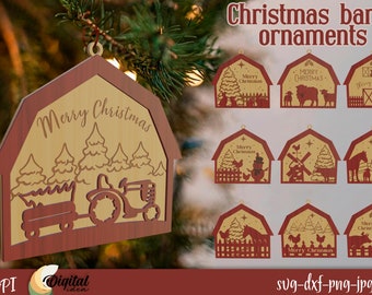 3D layered Christmas Barn ornament SVG bundle, Set of farmhouse baubles, Barn Christmas hanging decor, Farmhouse lasercut, Engraved ornament