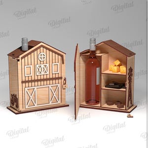 Puede incluir: Un soporte para botellas de vino de madera con forma de granero con un pequeño detalle de tractor. El soporte tiene un panel frontal extraíble para revelar un estante para botellas de vino y un pequeño estante para aperitivos. El soporte está hecho de madera de 4 mm de grosor.