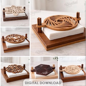 Puede incluir: Una colección de servilleteros de madera con varios diseños geométricos y florales. Cada servilletero tiene una parte superior decorativa, una base y soportes verticales. La imagen también incluye el texto "10 DESIGNS" y "DIGITAL DOWNLOAD".